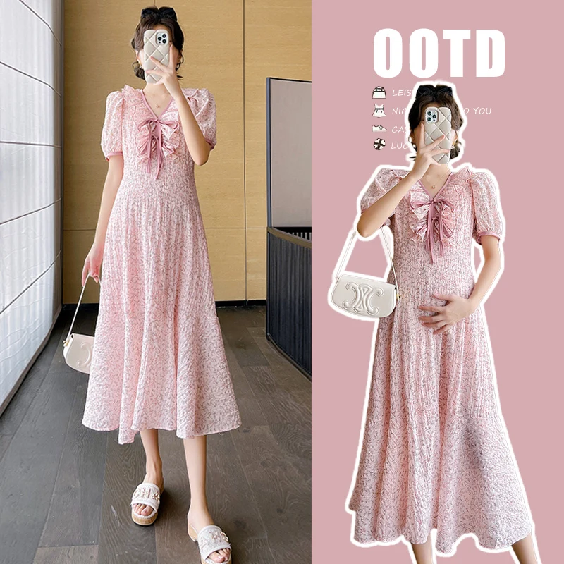 Top Trends: Ruffles Collar Pregnant Woman Chiffon Dress Summer Sweet Puff Sleeve V-Neck Maternity Pleated Dress Pregnancy Holiday Clothes Shoppable Styles