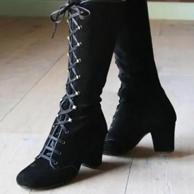 Top Trends: 2023 Medieval Women's Casual Riding Boots Winter Lace Up Suede Long Tube Knight Boot Female High Heel Cowboy Shoes Mid-Calf Sexy Shoppable Styles