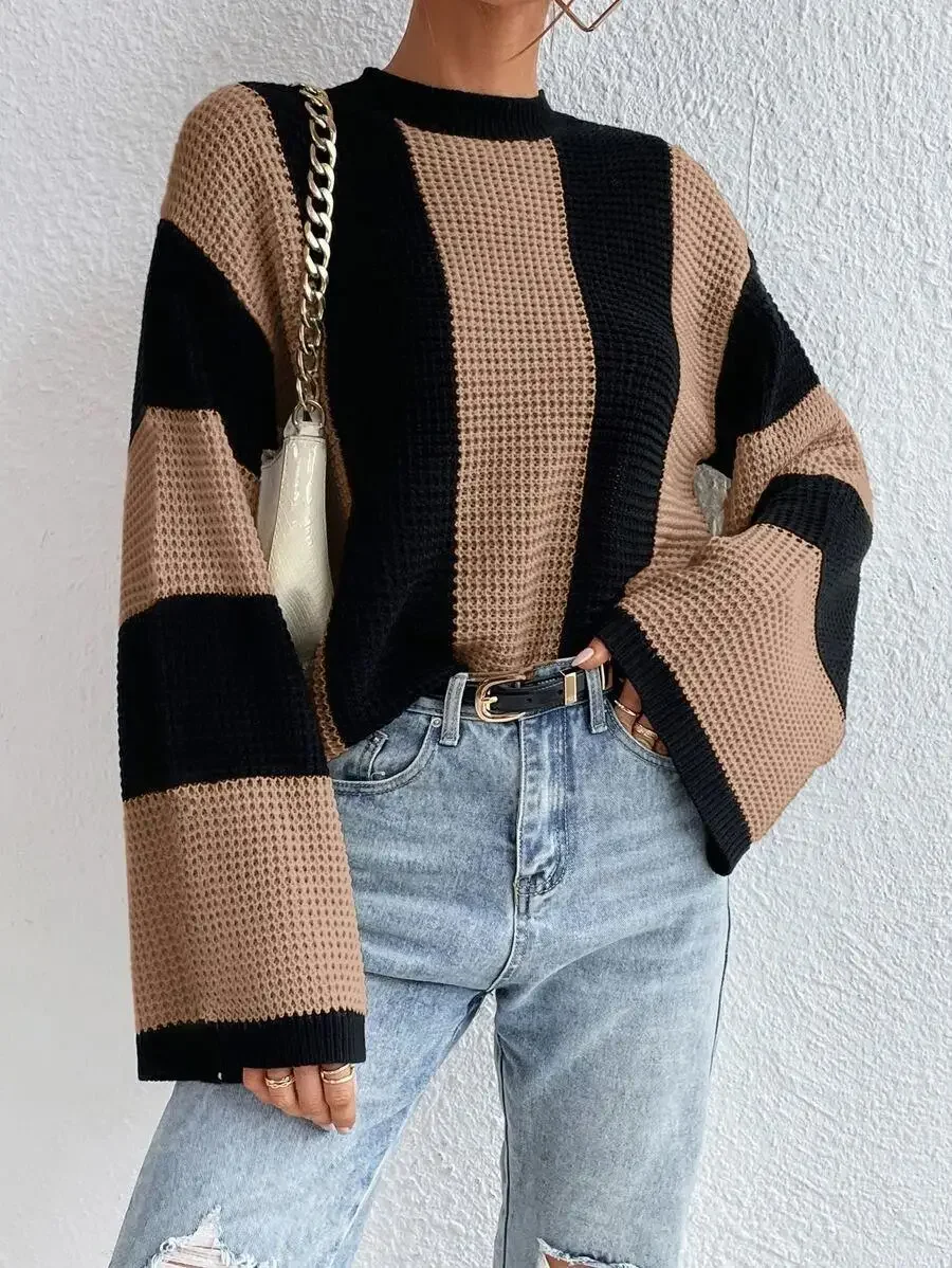 Top Trends: Striped Women Sweater Oversize Casual Thick Pullover Knitted Spring Winter Female Jumper 2024 Trendy Long Flare Sleeve Sweaters Shoppable Styles