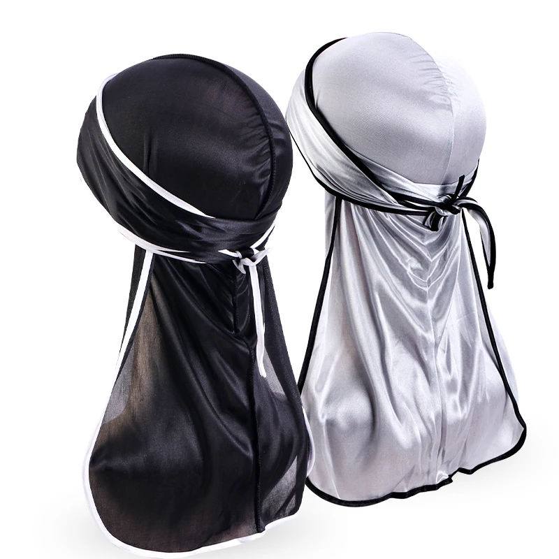 Top Trends: 2PCS / LOT Unisex Men Satin Durag Black Sewing Silky Durags Breathable Bandana Hat Wigs Doo Du Rag Long Tail Headwrap Pirate Hat Shoppable Styles