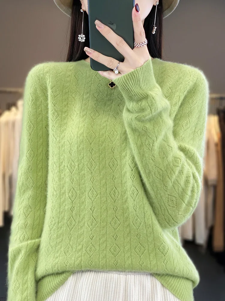 Top Trends: Aliselect Autumn Winter 100% Merino Wool Hollow Pullovers Sweater Women O-neck Long Sleeve Twist Flower Cashmere Knitted Korean Shoppable Styles