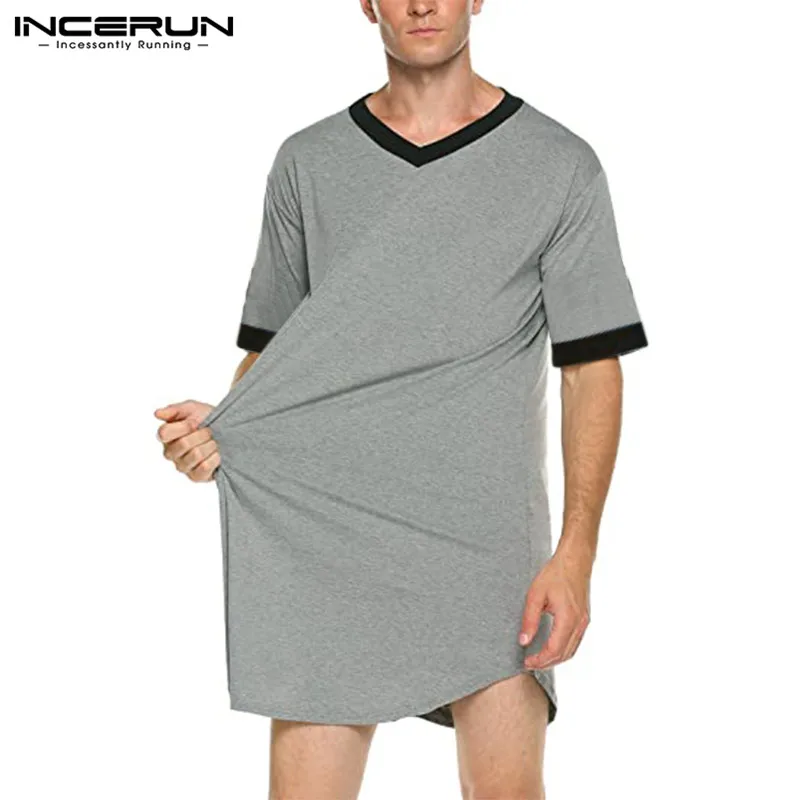 Top Trends: INCERUN Men Sleep Robes Nightgown Short Sleeve V Neck Loose Homewear Comfortable Patchwork Mens Bathrobes Dressing Gown S-5XL Shoppable Styles