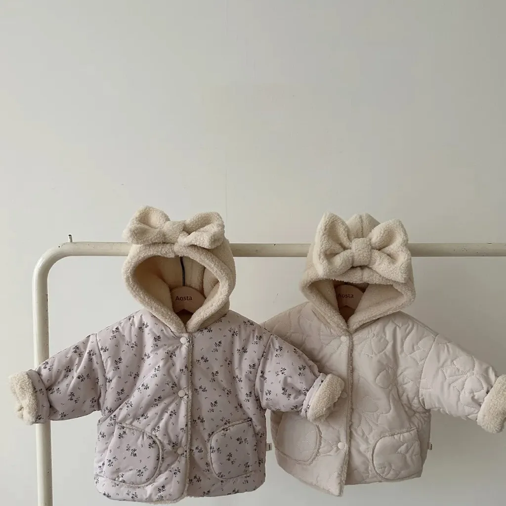 Top Trends: 2023 Winter New Baby Girl Bow Hooded Coat Plus Velvet Thick Infant Girls Cute Floral Padded Jacket Newborn Toddler Warm Clothes Shoppable Styles