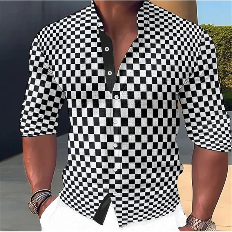 Top Trends: 2023 Men's Shirt Muscle Gym Fitness Long Sleeve Stand Collar Black And White Plaid Geometric Trend Style Men's Shirt Shoppable Styles