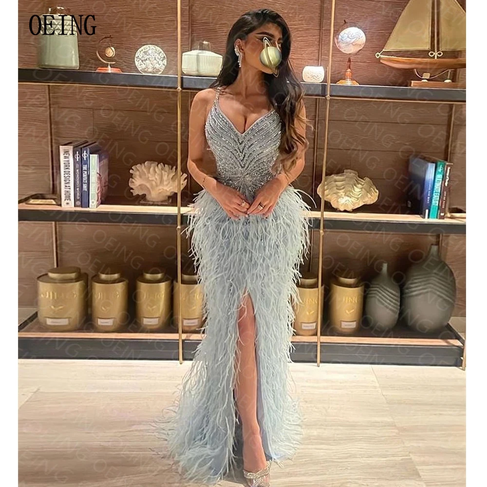 Top Trends: OEING Sparkly Spaghetti Straps Homecoming Dresses Graceful V-neck Sleeveless Feathers Floor Length Formal Occasion Party Dress Shoppable Styles