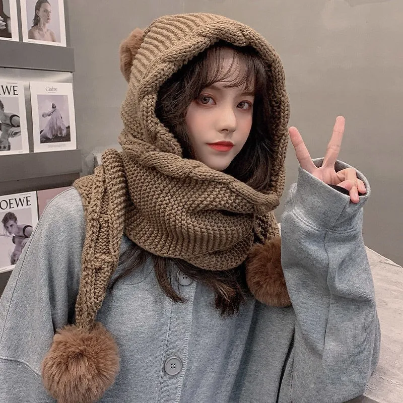 Top Trends: Korean Version Wool Hat Women&#039;s Autumn Winter With A Scarf One-piece Hat Cute Wool Bulbous Ear Thickening Warm Knit Hat Shoppable Styles