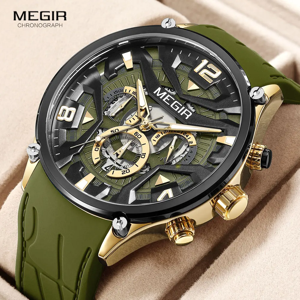 Top Trends: MEGIR Olive Green Sport Watch Men Fashion Silicone Strap Waterproof Chronograph Quartz Wristwatch With Auto Date Luminous Hands Shoppable Styles