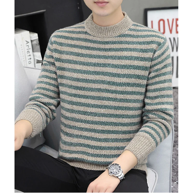 Top Trends: Fashion Stand Collar Spliced Casual Striped Sweaters Men's Clothing 2023 Winter Loose Knitted All-match Pullovers Korean Tops Shoppable Styles