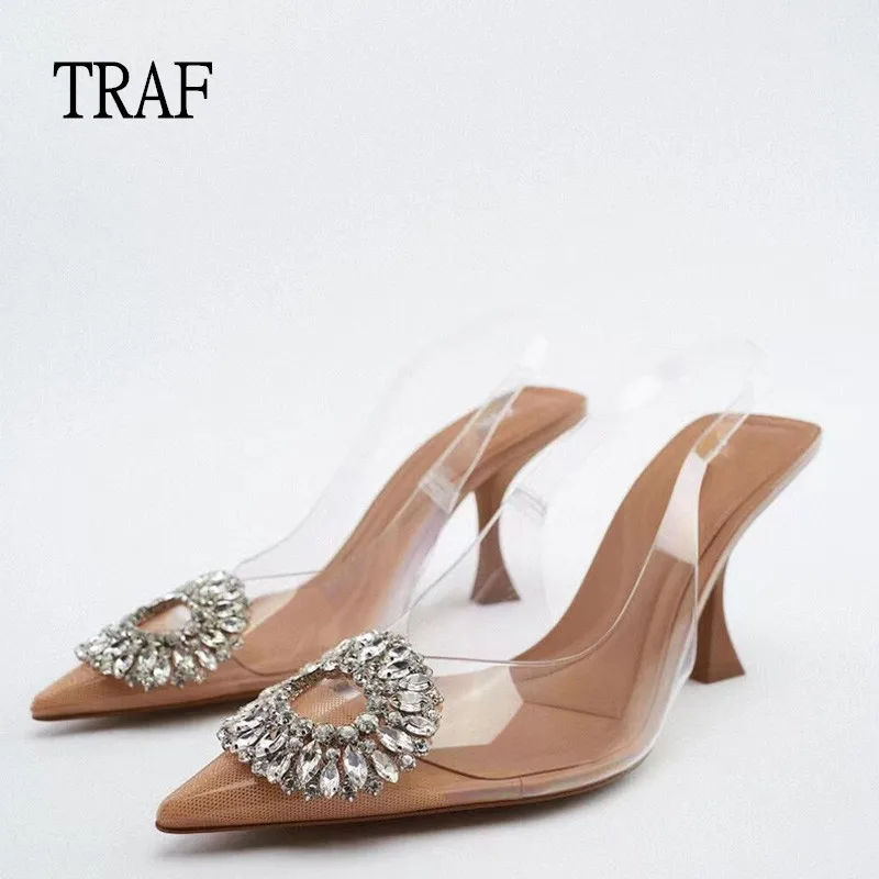 Top Trends: TRAF Women Pumps 2023 Summer Fashion Rhinestone Transparent High Heels Sexy Muller Heeled Luxury Brand Female Elegant Sandals Shoppable Styles