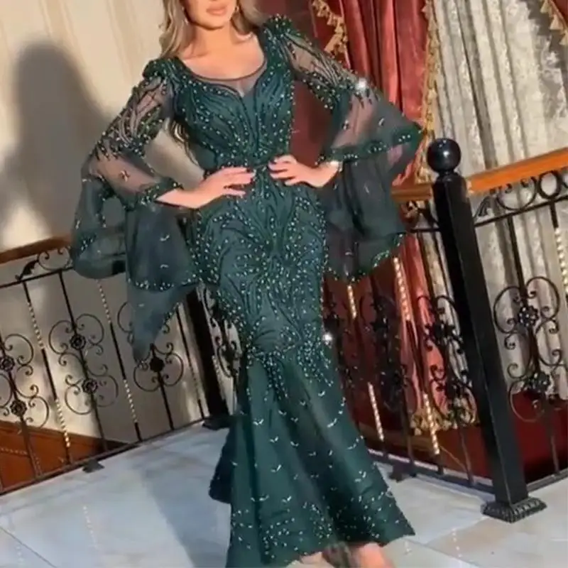 Top Trends: 2022 New Arrival Green Sexy Party Wear Dress Long Sleeve Mermaid Prom Dress Sequin Beaded Lace Evening Dress Wedding Toast Robe Shoppable Styles