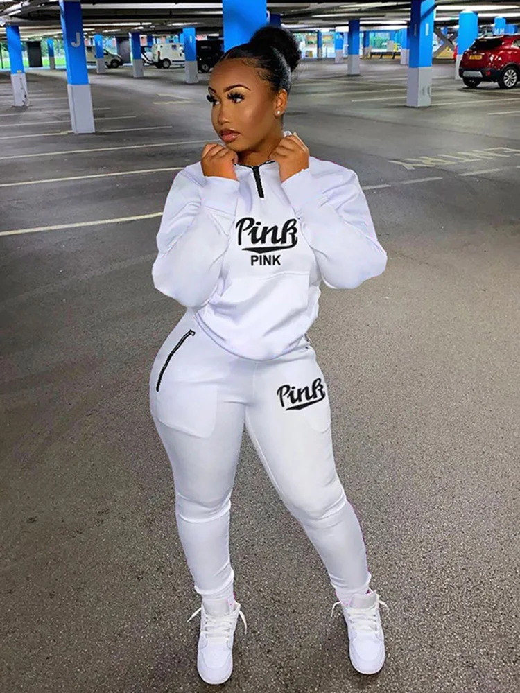 Top Trends: Women New Tracksuits Suits PINK Print Sport Casual Outfits Female Sweatshirt Top+ Pants 2 Piece Sets Sweatsuit 2022 Spring Winter Shoppable Styles