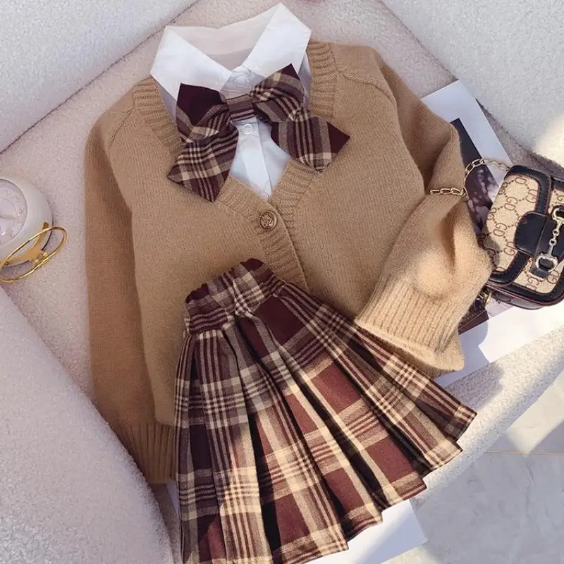 Top Trends: Spring Autumn Girls Jk Uniform 3Pcs Suits Baby Clothes Sets College Style Knitted Cardigan Coat+ White Shirt+ Pleated Skirt 1-8Y Shoppable Styles