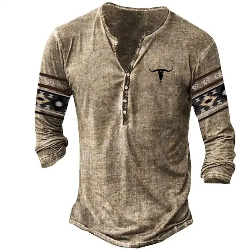 Top Trends: Vintage T-Shirt For Men Tribal Graphic T Shirts Cotton 3D Printed Henley Shirt Long Sleeve Oversized Male Clothing Ethnic Style Shoppable Styles