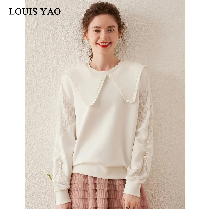 Top Trends: LOUIS YAO Youthful Doll Collar Women Sweatshirt 2023 Autumn Stylish Casual Sequin Fabric Patchwork Long-sleeve Top Shoppable Styles