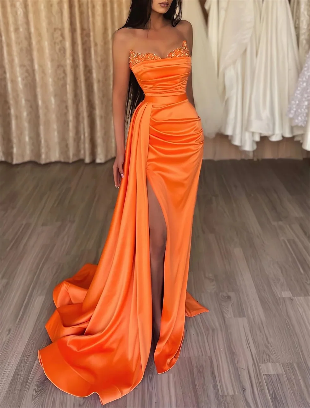 Top Trends: A-Line Sexy High Split Prom Formal Evening Dress Strapless Sleeveless Court Train Satin With Slit Pure Color Robes De Soirée Shoppable Styles