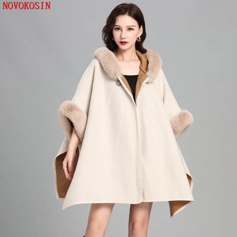 Top Trends: 12 Colors 2022 Winter Warm Cashmere Fashion Thick Poncho Cloak Women Khaki Faux Rabbit Fur Horn Buckle Streetwear Coat With Hat Shoppable Styles