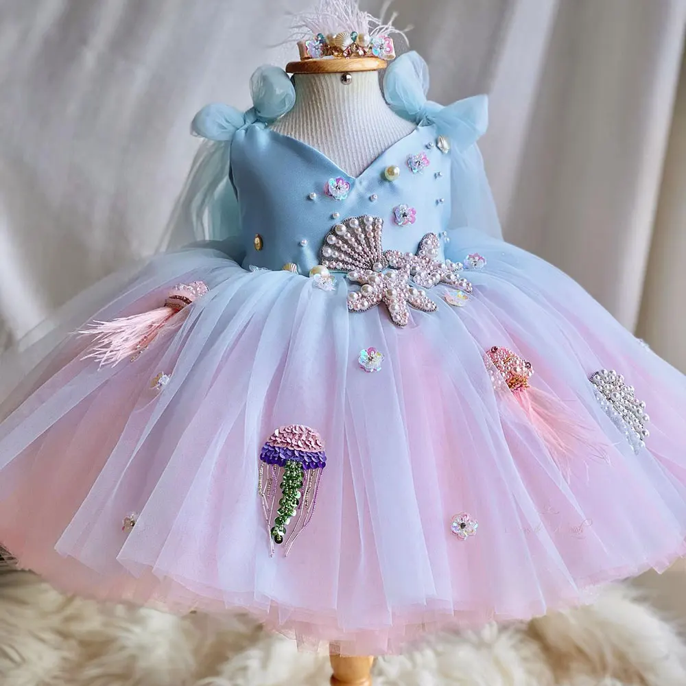 Top Trends: Jill Wish Luxury Sky Blue Baby Flower Girl Dresses Beaded Arab Pearls Princess Kids Gown For Birthday Wedding Evening Party J072 Shoppable Styles