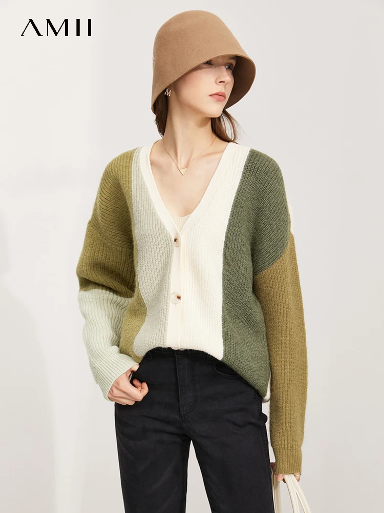 Top Trends: AMII Minimalist 2023 Winter Wool Knitted Cardigan For Women New Patchwork Top V-neck Full Sleeve Loose Sweater Female 12324084 Shoppable Styles