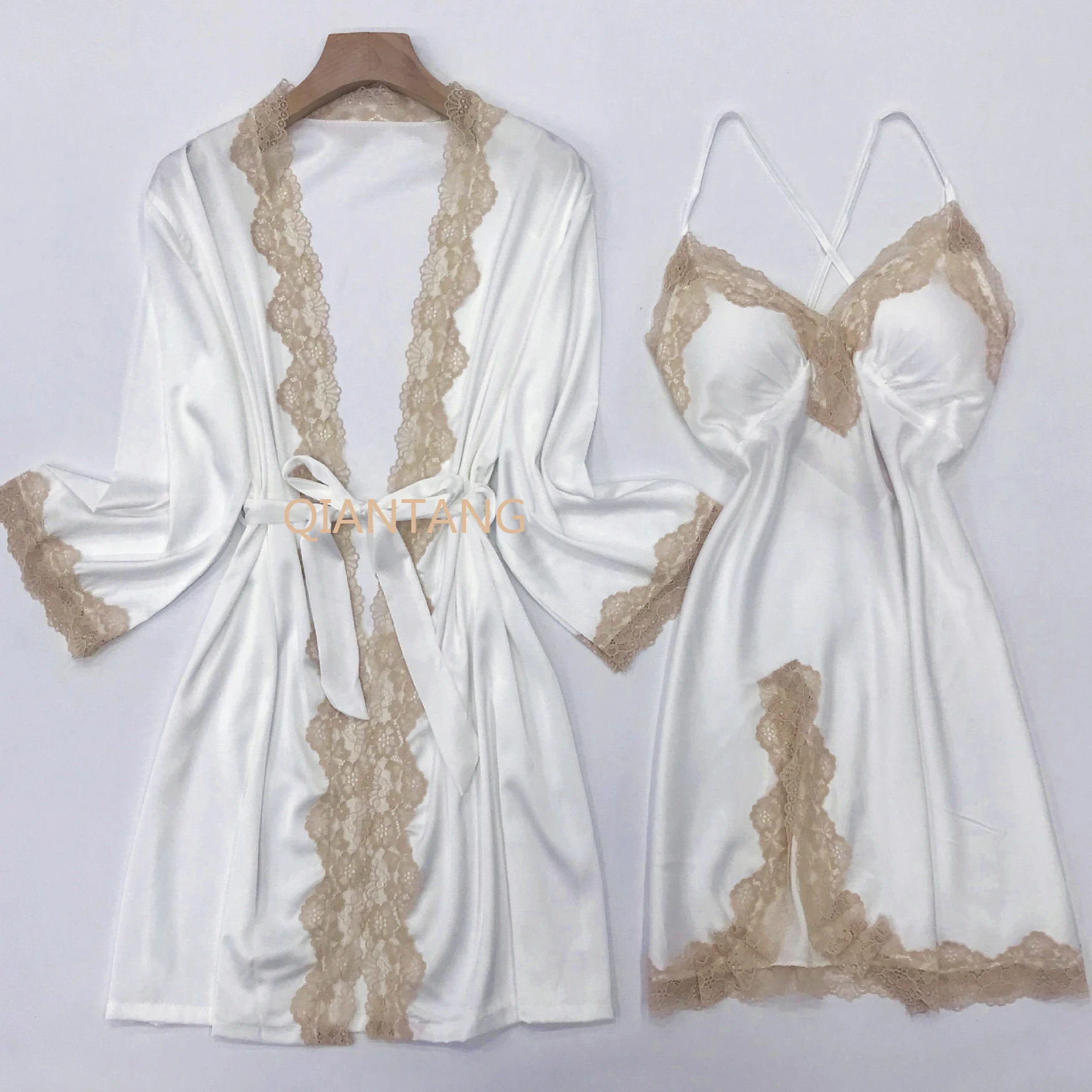 Top Trends: Lace Kimono Robe Gown Suit With Strap Nightgown Female Sleepwear Summer Bathrobe Sexy Satin Lingerie Suspender Nightdress Shoppable Styles