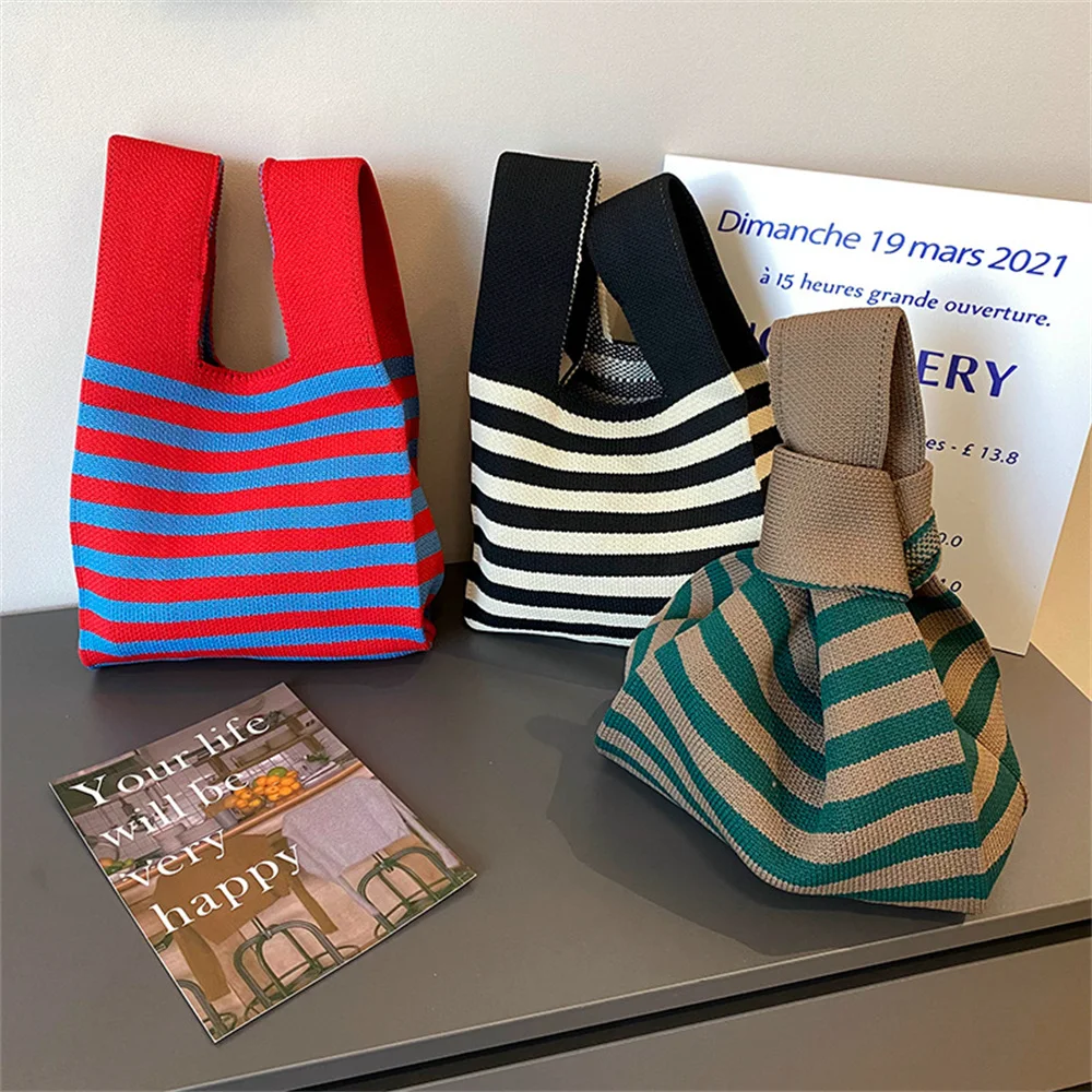 Top Trends: Retro Striped Knitted Bag Handbag Minimalist Korean Women Mini Knot Wrist Bag Tote Bag Shoulder Bag Reusable Shopping Bag Shoppable Styles