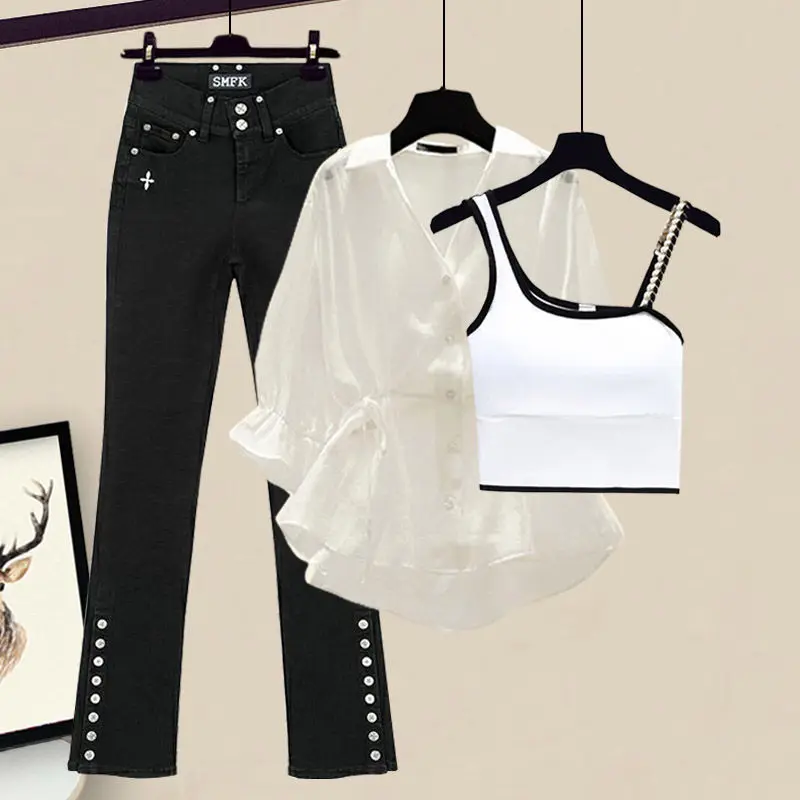 Top Trends: Drawstring Pleated Waist Wrapped Chiffon Shirt Sexy Strap Bra Black Jeans Three Piece Elegant Women's Pants Set Summer Outfits Shoppable Styles - Image 6