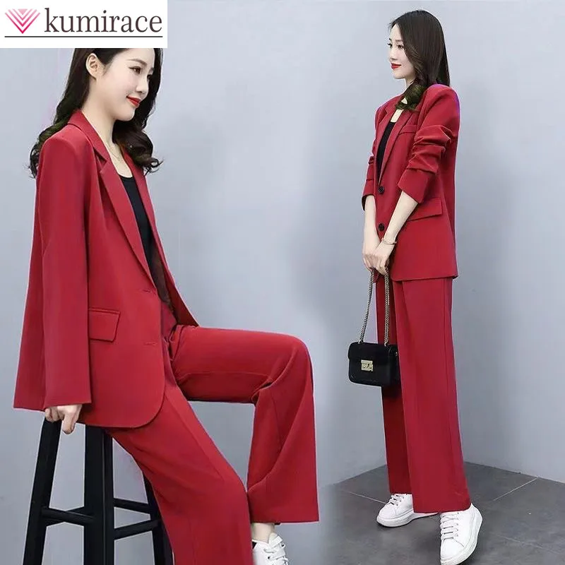 Top Trends: 2023 Korean Popular Spring New Thin Jacket Casual Wide Leg Pants Vest 3pcs Elegant Women Pants Suit Office Outfits Blazer Style Shoppable Styles