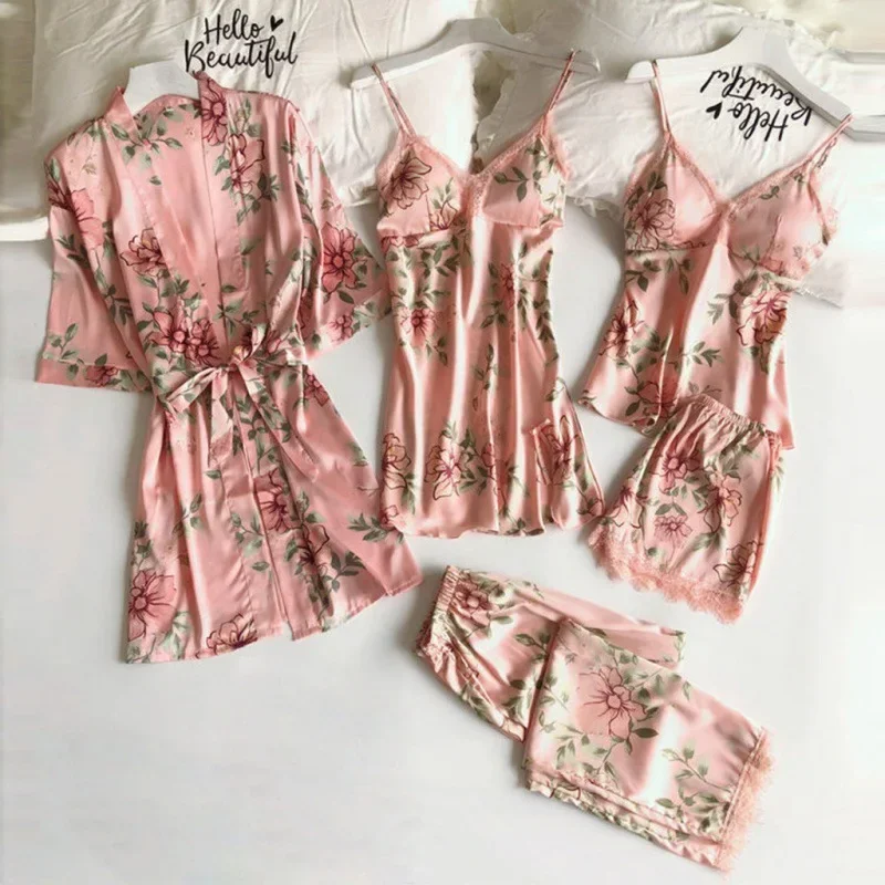 Top Trends: Pajamas For Women Summer Sexy Pajamas Five-piece Set Suspender Pajamas For Women Home Wear With Chest Pad Bathrobe Shoppable Styles