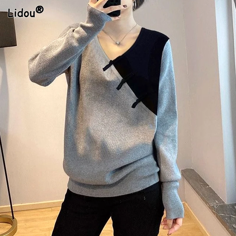 Top Trends: 2023 New Autumn And Winter Fashion Retro Art Chinese Style V-Neck Disc Buckle Spliced Contrast Loose Pullover Knitted Sweater Shoppable Styles