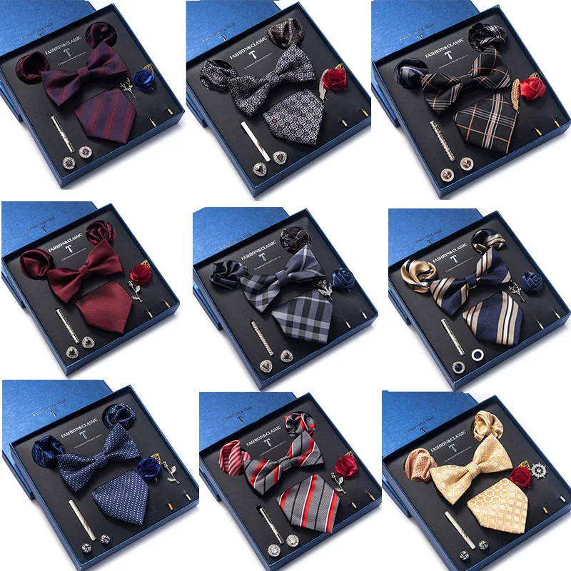 Top Trends: High-quality Men's Necktie Classic Printed Bowtie Pocket Square Cufflinks Tie Clip Brooches Bussiness Wedding Ties Gift Box Shoppable Styles