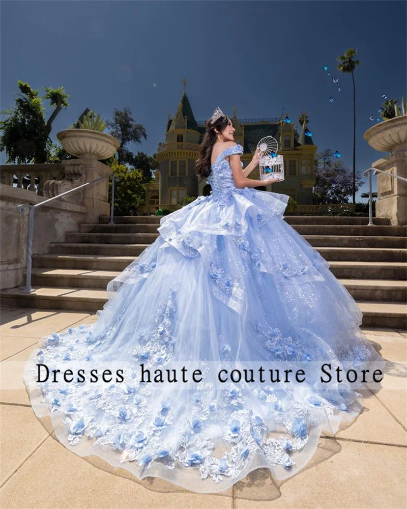 Top Trends: Luxury Sky Blue Lace 3D Flower Ball Gown Quinceanera Dresses 2024 Appliques Beaded Ruffles Sweet 16 Dress Vestidos De 15 Años Shoppable Styles