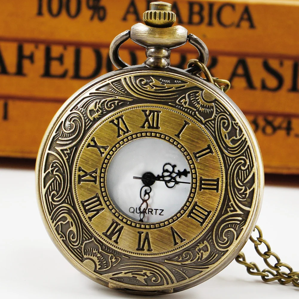 Top Trends: Retro Bronze Roman Numerals Pocket Watch With Fob Chain Mens Hollow Skeleton Dial Quartz Pocket Watch Gifts Shoppable Styles