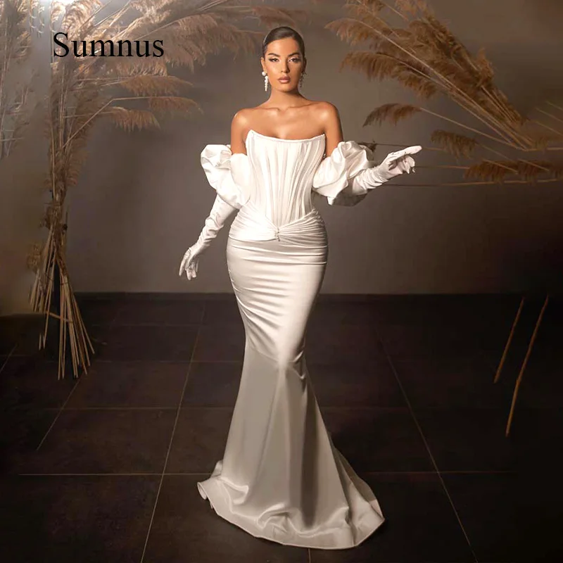 Top Trends: Ivory Mermaid Wedding Dress Scoop Neck Pleats Satin Bride Gowns Lace Up Sexy Wedding Gown Puff Sleeve Robe De Mariee 2024 Shoppable Styles