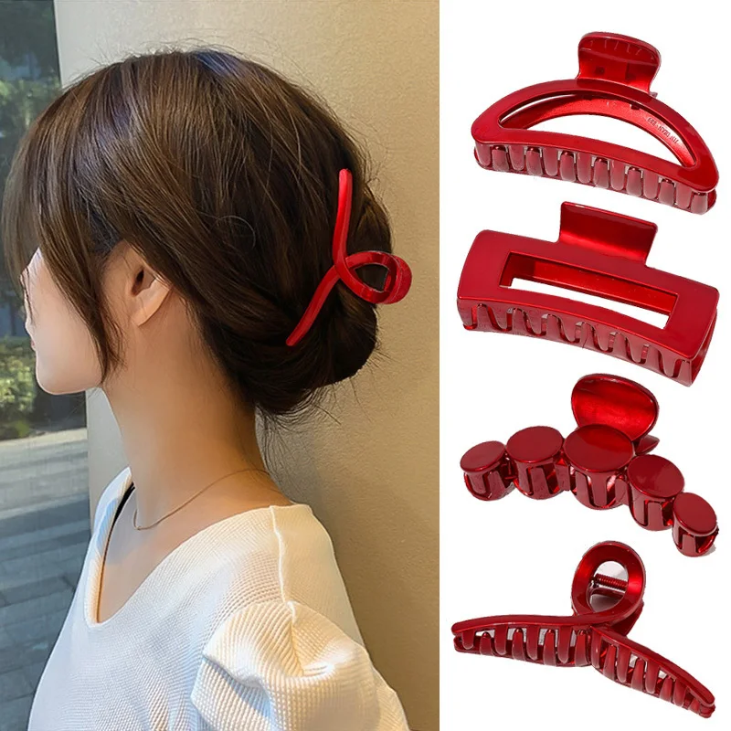 Top Trends: Korean Acrylic Red Hair Claw For Women Geometry Small Large Crab Hair Clips Girls Fashion Square Cross Hairpins Hair Accessories Shoppable Styles