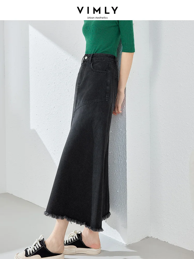 Top Trends: Vimly Black Denim Maxi Skirt For Women Fashion 2023 Autumn Elegant High Waist Split Tassel Hem A Line Long Jeans Skirt 72295 Shoppable Styles - Image 4