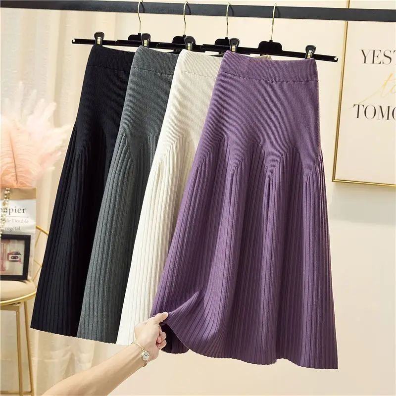 Top Trends: Elegant Fashion High Waist Knitted Pleated Skirt Women's Clothing Autumn Winter Slim All-match Female Solid Color A-Line Skirts Shoppable Styles