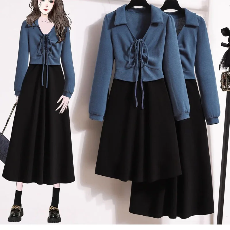 Top Trends: 2023 Autumn Women's Clothing Splicing Two-piece V-neck Long Sleeved Dress Spring Youthful Fashion Comfortable Casual Long Dress Shoppable Styles