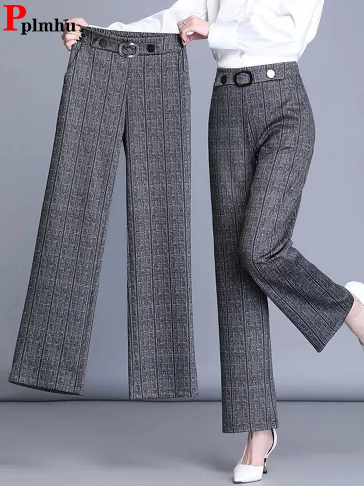 Top Trends: Oversize 4xl Plaid Office Straight Pants Korean Fashion Women Formal Wide Leg Pantalones Casual OL High Waist Trousers New Shoppable Styles