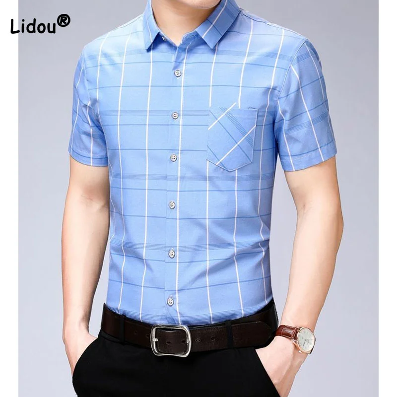 Top Trends: Male Clothes Fashion Casual Polo-Neck Button Shirt Summer New Business Office Trend Short Sleeve Plaid Printed Shirt For Men Shoppable Styles