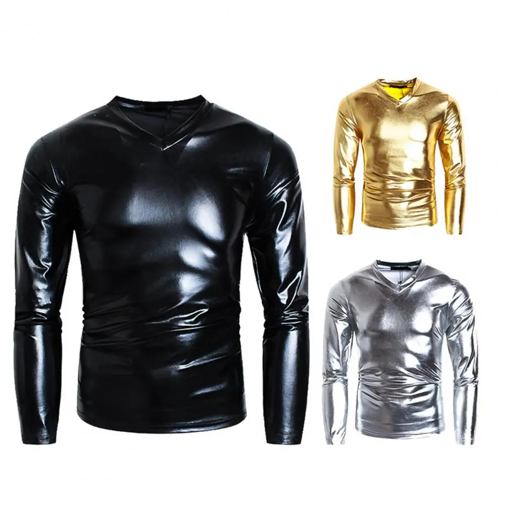 Top Trends: Men T-shirt Glossy Appearance Solid Color Long Sleeve Top V Neck Slim Fit T-shirt Nightclub Party Performance Costumes Shoppable Styles - Image 4