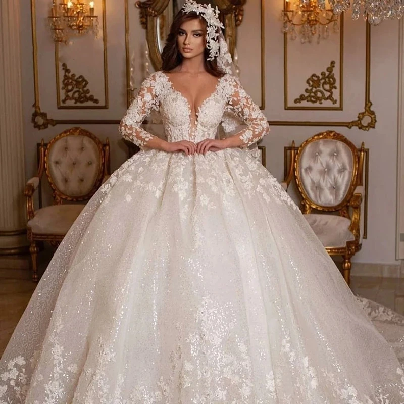 Top Trends: On Zhu Vintage Ivory Lace Princess Wedding Dresses 2023 Ball Gown Beading Bridal Gowns Shinny Long Sleeves Dubai Robe De Mariée Shoppable Styles