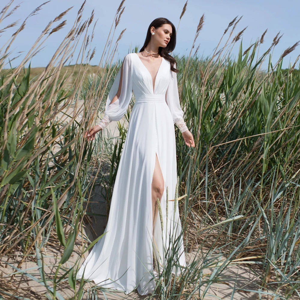 Top Trends: Elegant Chiffon Wedding Dresses V Neck Long Sleeves A-Line Bridal Gowns Lace Appliques Sweep Train Front Slit Vestidos De Novia Shoppable Styles