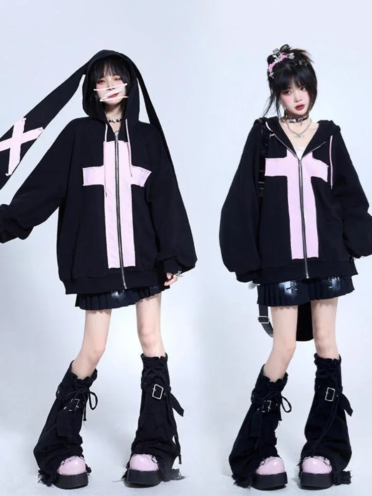 Top Trends: Deeptown Kawaii Rabbit Ear Hoodies Women Harajuku Grunge Black Oversized Sweatshirt Cutecore Zipper Tops Coats Y2K Clothes 2000s Shoppable Styles