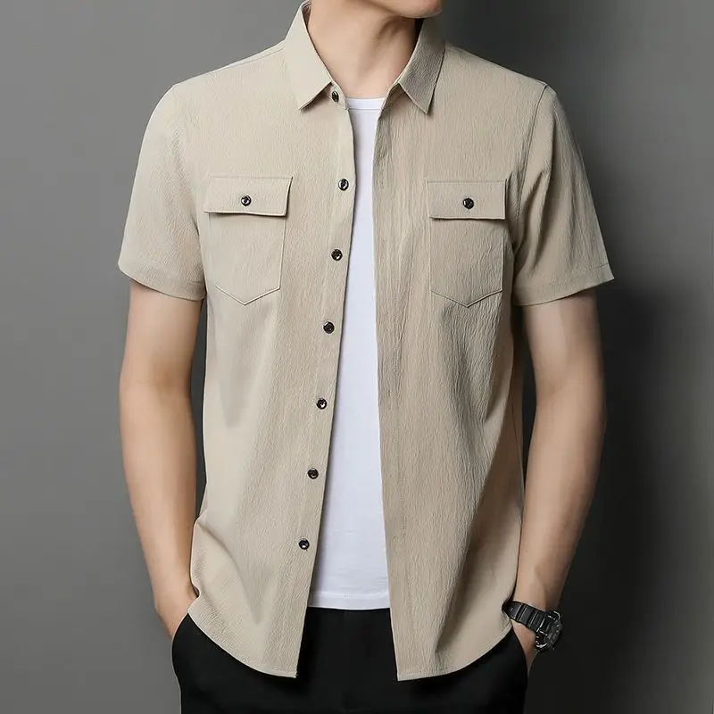 Top Trends: Safari Style Men Short Sleeve Shirt Summer New Fashion Male Clothes Korean Streetwear Casual Loose Solid Pocket Button Tops 2023 Shoppable Styles