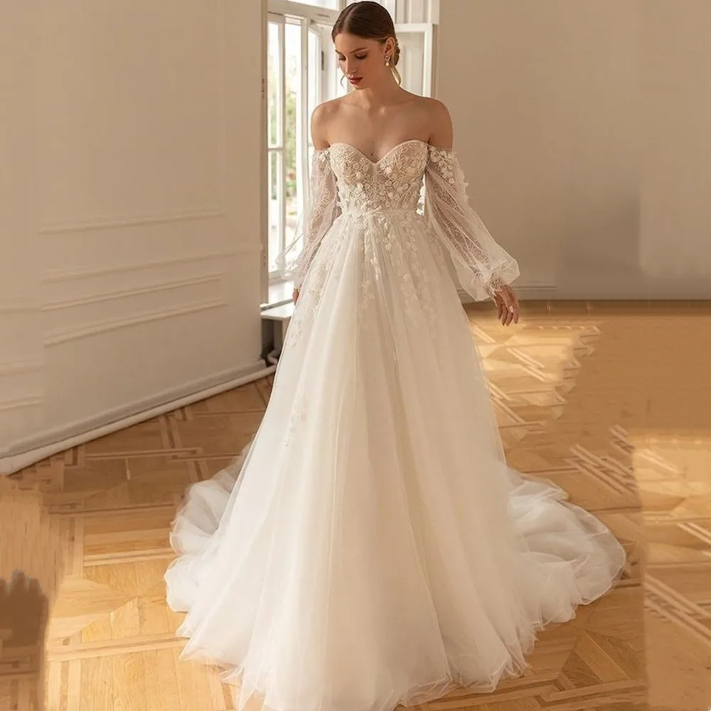 Top Trends: LoveDress Sweetheart Wedding Dress Lantern Sleeve Lace Appliques Modern A-Line Bride Gown Tulle Backless Zipper Robe De Mariée Shoppable Styles