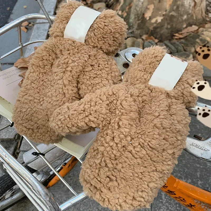 Top Trends: Women Men Fleece Thicken Little Bear Gloves Winter Warm Plush Furry Full Finger Mittens Soft Elastic Casual Solid Cycling Gloves Shoppable Styles