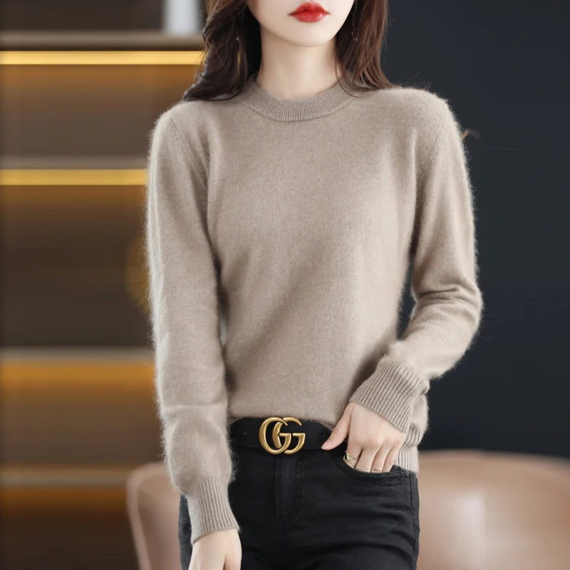 Top Trends: Round Neck Pure Mink Cashmere Sweater For Women&#039;s Long Sleeved Warm Autumn And Winter Loose Knit Pullover With Solid Color Base Shoppable Styles