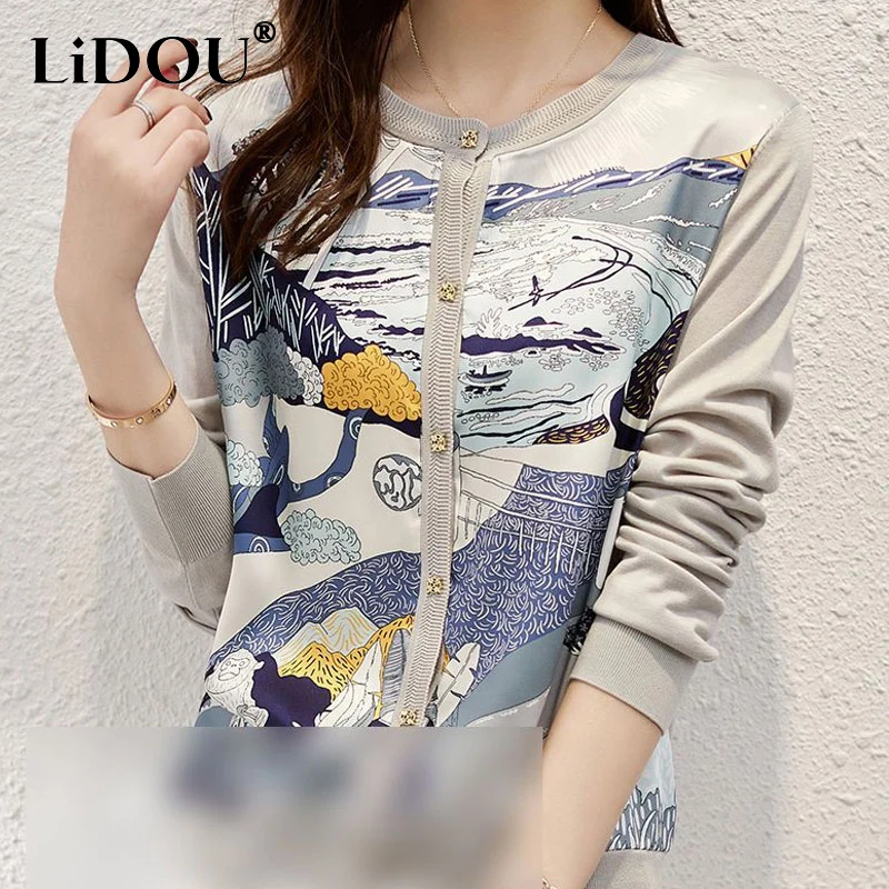 Top Trends: 2023 Spring Autumn New Fashion Printing Round Neck Long Sleeve Knitting Cardigan Women Elegant Button Patchwork All-match Tops Shoppable Styles