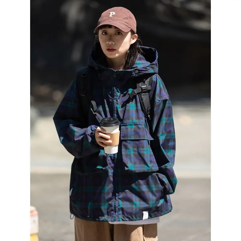 Top Trends: Spring Autumn Long Sleeves Hooded Jacket Zipper Plaid Windbreaker Sweatshirt Lined Oversized Casual Trench Coat For Women Shoppable Styles