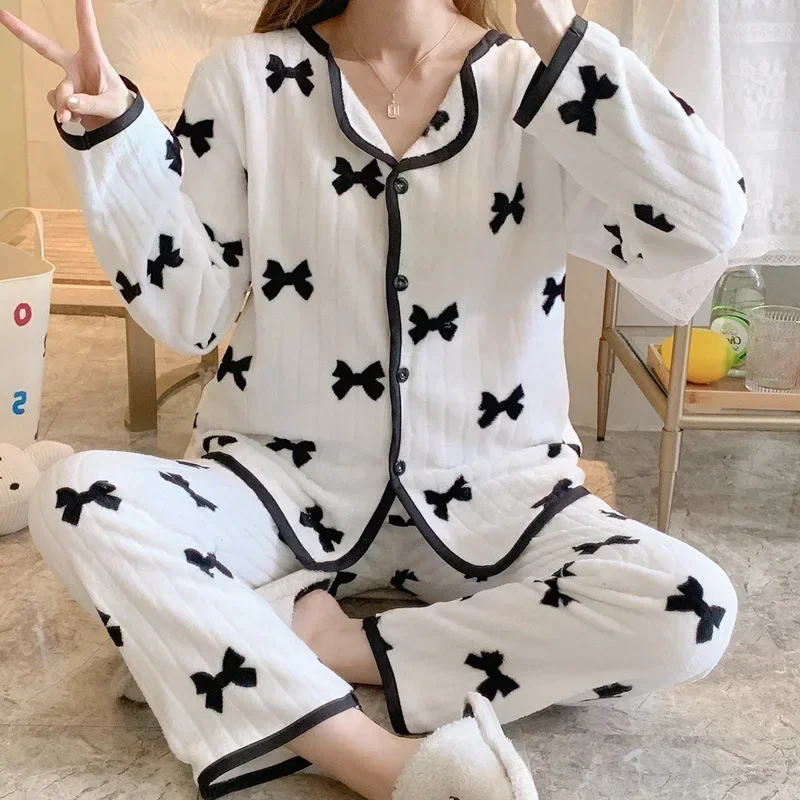 Top Trends: Women&#039;s Pajamas Warm Coral Velvet Thickened Sleepwear Sweet Cute Heart / Bow Pattern Flannel Home Clothes In Autumn And Winter Shoppable Styles