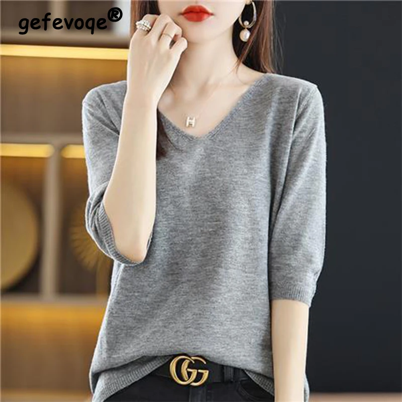 Top Trends: Spring Autumn Solid Loose Casual Knitting T-shirt Ladies Half Sleeve Simple All-match Jumpers Top Female Tee Women's Clothing Shoppable Styles